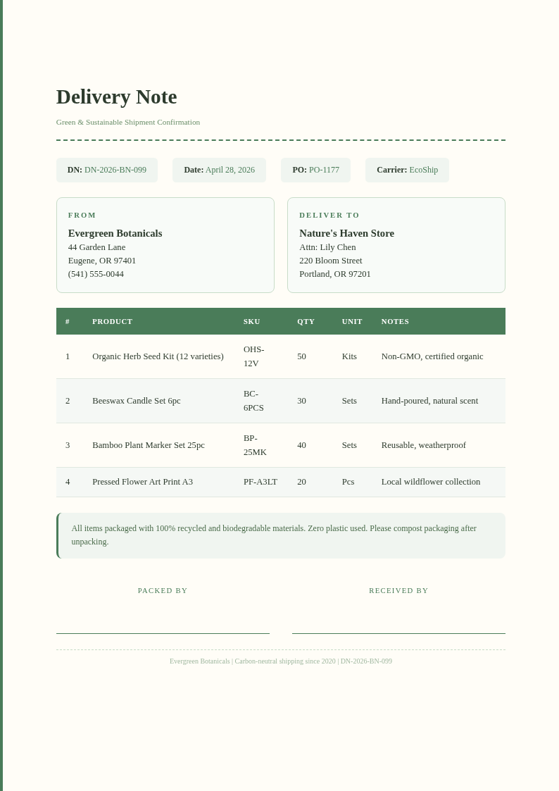 Botanical nature themed delivery note